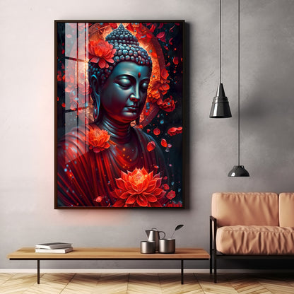 Red Buddha With Lotus Premium Acrylic Vertical Wall Art