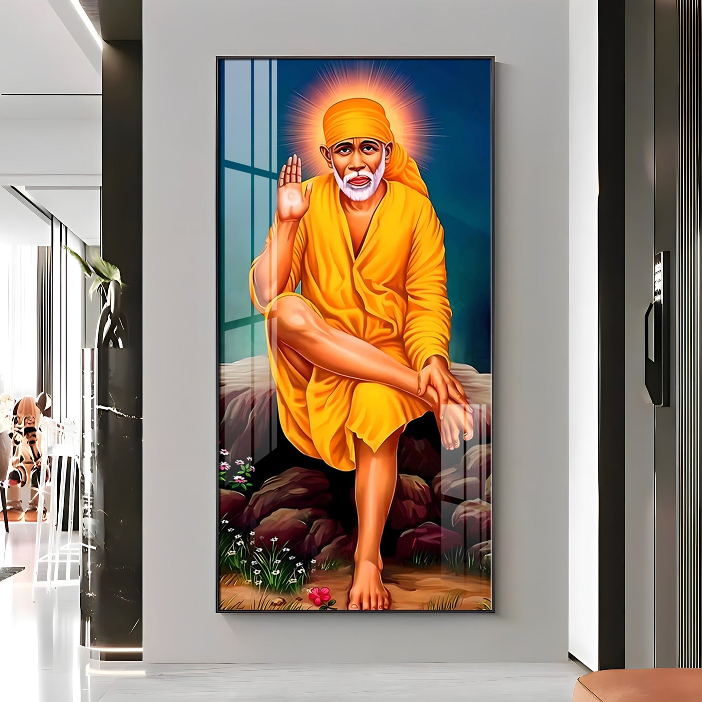 Shirdi Sai Baba Premium Acrylic Vertical Wall Art - 24X12 inches / Gold