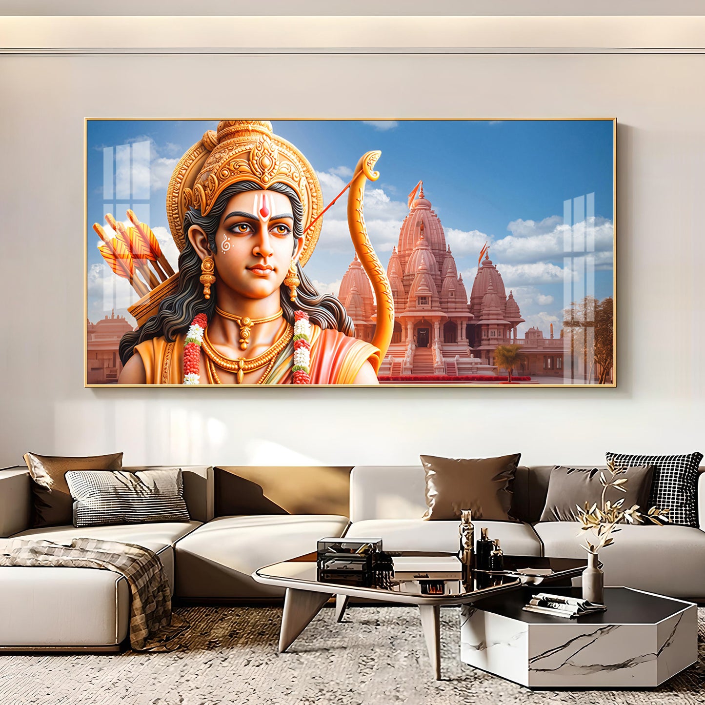 Lord Ram with Ram Mandir Premium Acrylic Horizontal Wall Art