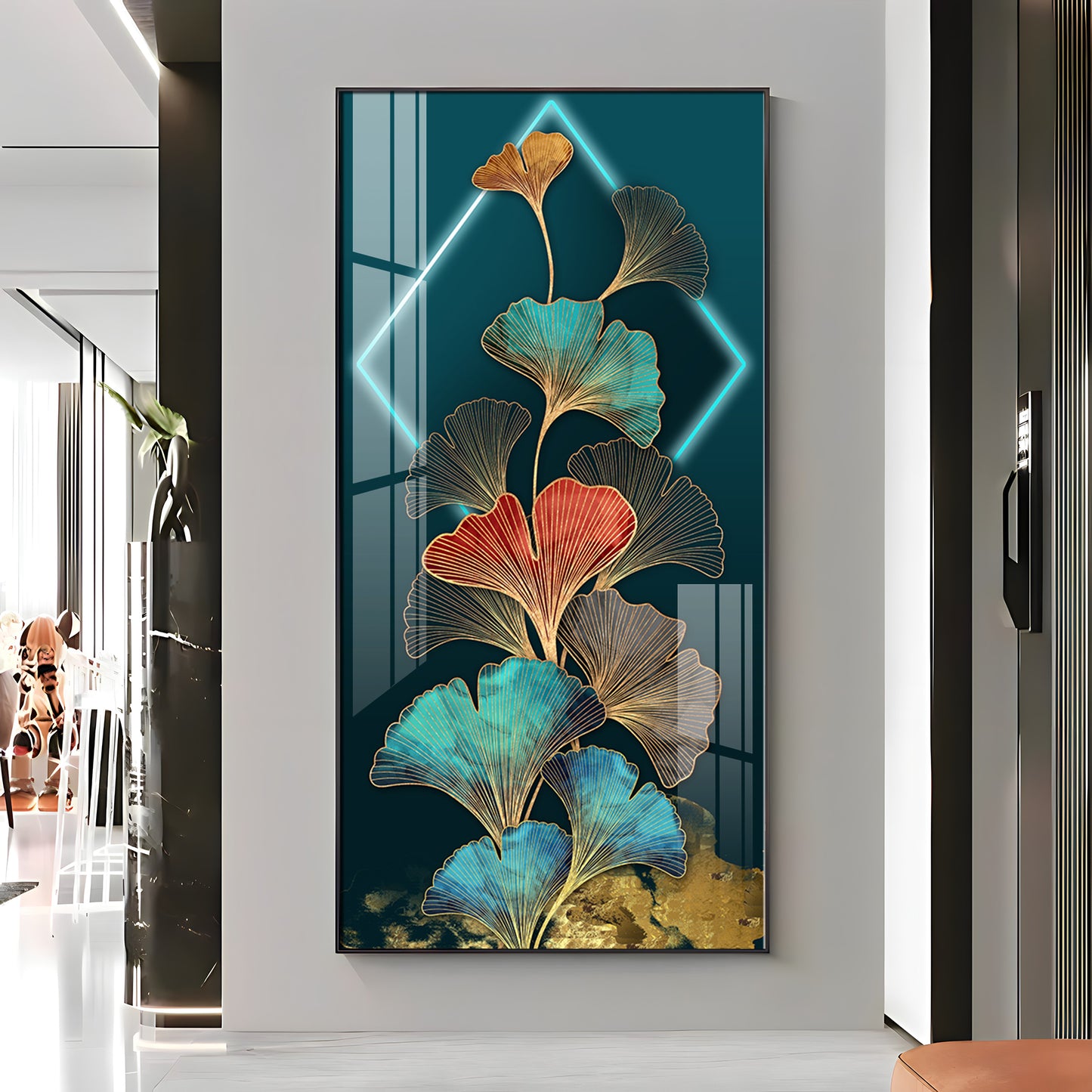 Ginkgo Leaf Entrance Hall Gold Foil Premium Acrylic Vertical Wall Art