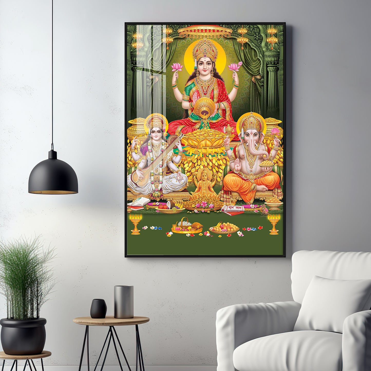 Divine Laxmi Ji With Flower Premium Acrylic Vertical Wall Art