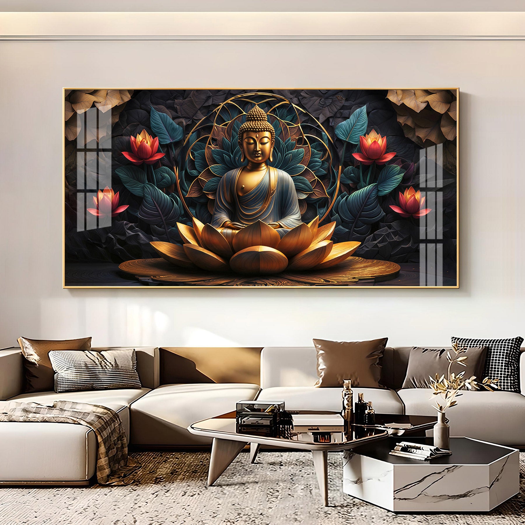 Buddha's Reflection With Sacred Lotus Premium Acrylic Horizontal Wall Art