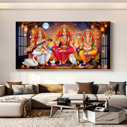 Maa Laxmi With lord Ganesh ji and Godess Saraswati Premium Acrylic Horizontal Wall Art