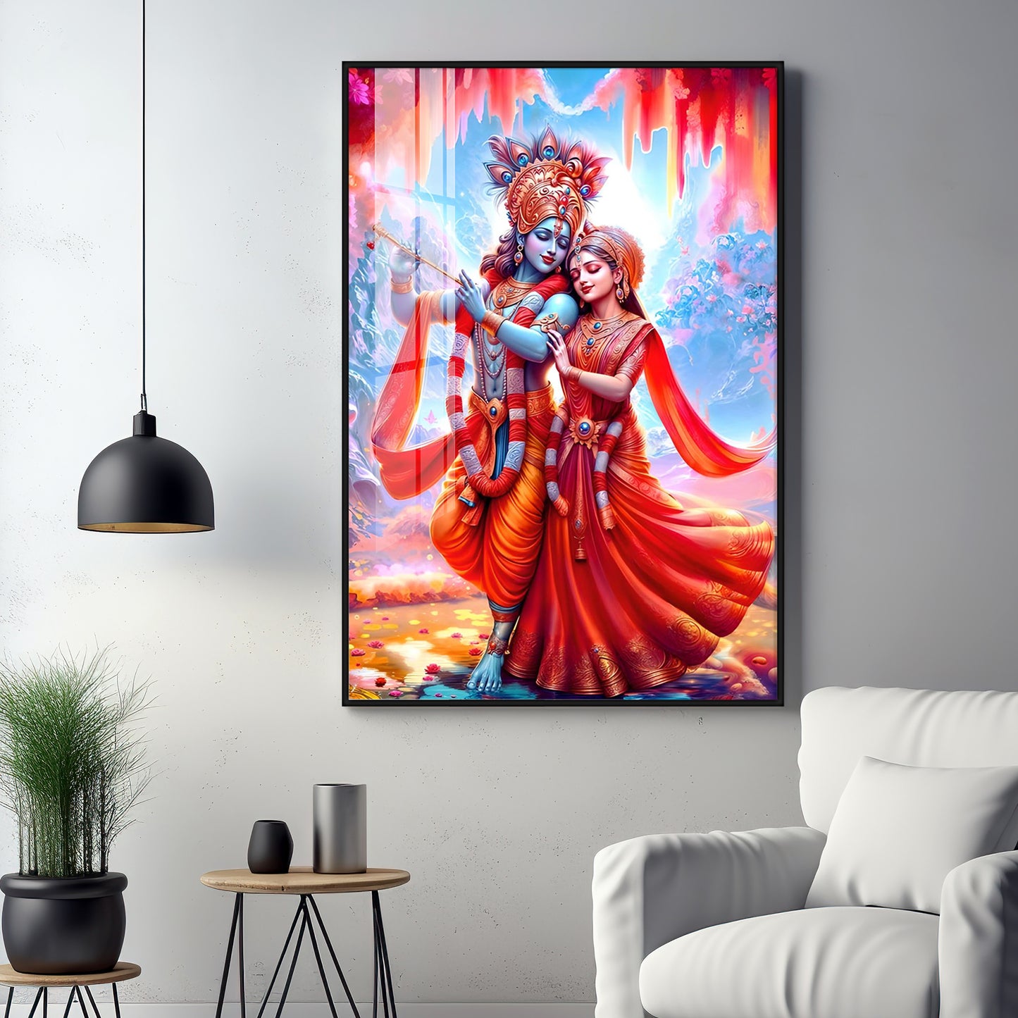 Beautiful Radha Krishna In Red Premium Acrylic Vertical Wall Art