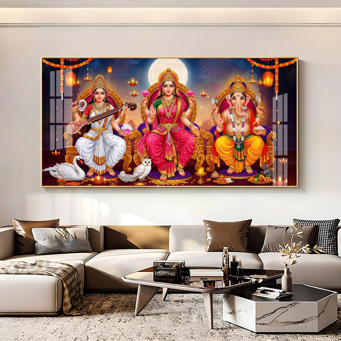 Lord Ganesha With Godess Saraswati and Maa Laxmi Premium Acrylic Horizontal Wall Art