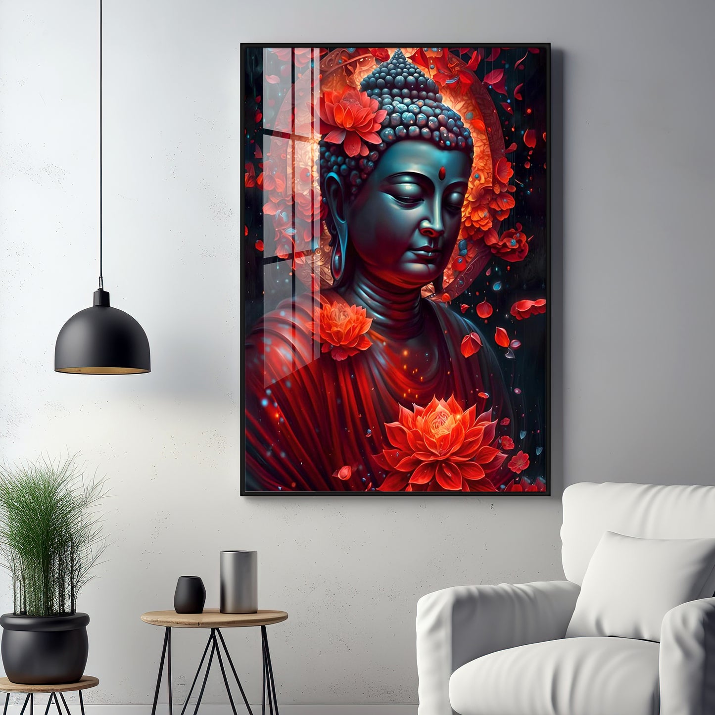 Red Buddha With Lotus Premium Acrylic Vertical Wall Art