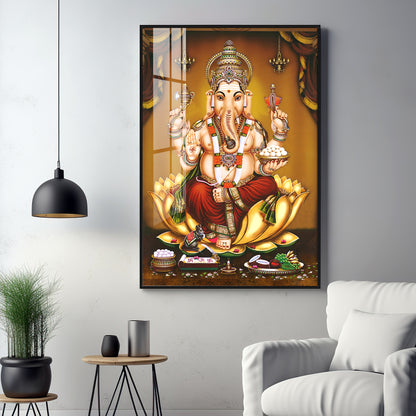 Lord Ganesha On Gold Lotus Premium Vertical Acrylic Wall Art