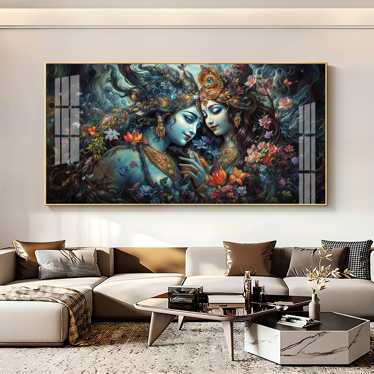 Mystical Love Of Radha Krishna Luxury Crystal Horizontal Wall Art