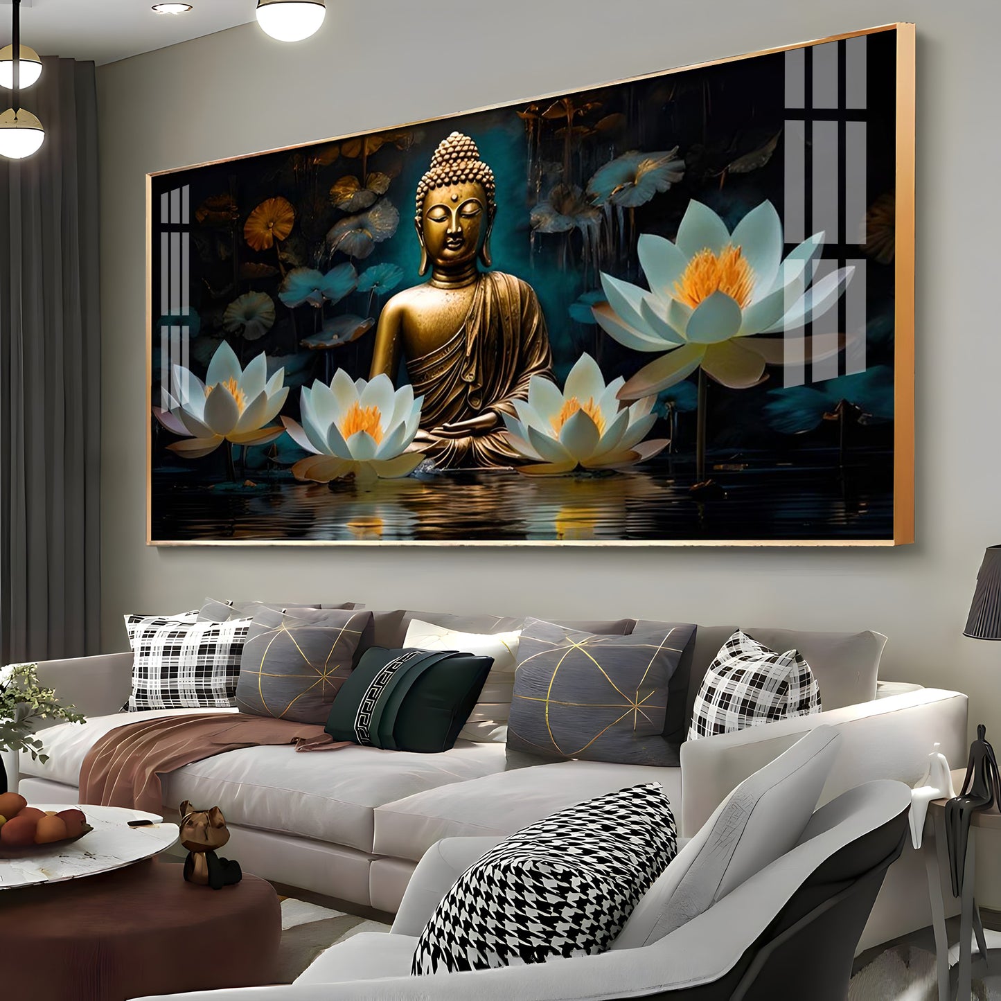 Buddha With White Lotus Premium Acrylic Horizontal Wall Art