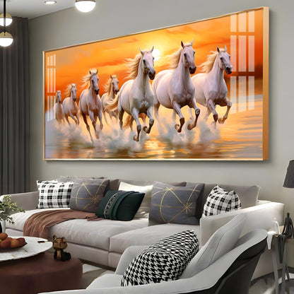 Seven White Running Horses With Sunrise Premium Acrylic Horizontal Wall Art