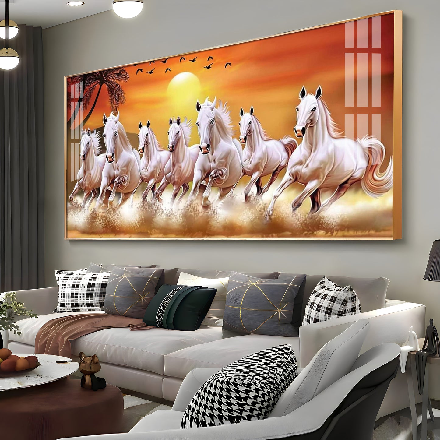 7 White Running Horses in The Sea With Sunrise Premium Acrylic Horizontal Wall Art