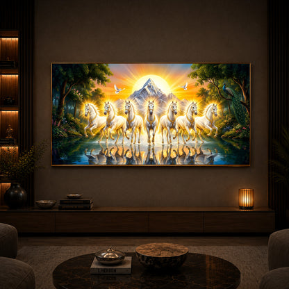 7 White Horses River Glloping Modern Luxury Backlight Horizontal Wall Art