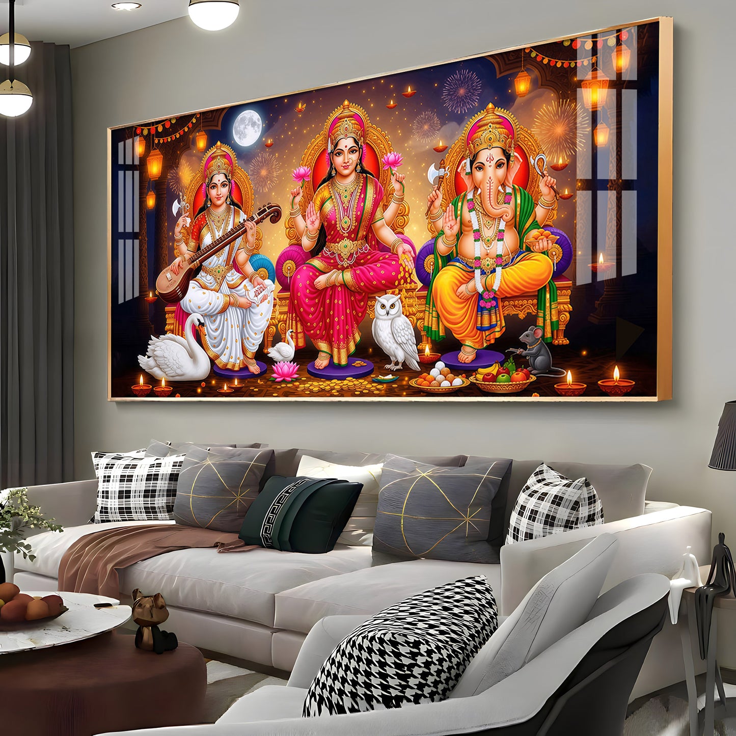 Maa Laxmi With lord Ganesh ji and Godess Saraswati Premium Acrylic Horizontal Wall Art