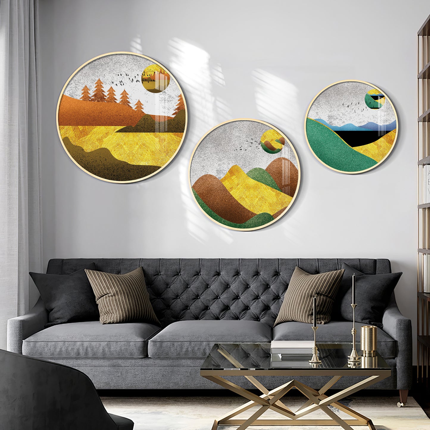 Mountain View Abstract Premium Acrylic Round Wall Art (Set of 3)