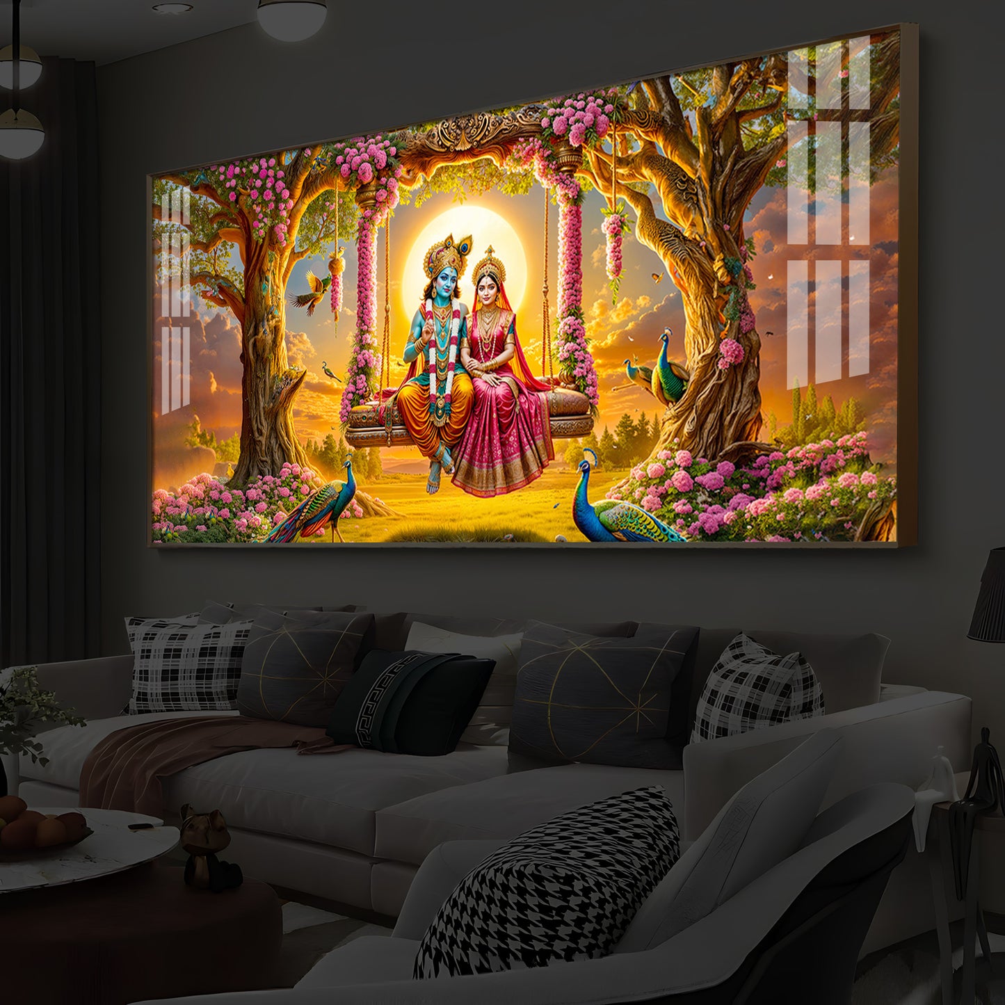 Loving Couple Lord Radha Krishna Modern Luxury Backlight Horizontal Wall Art