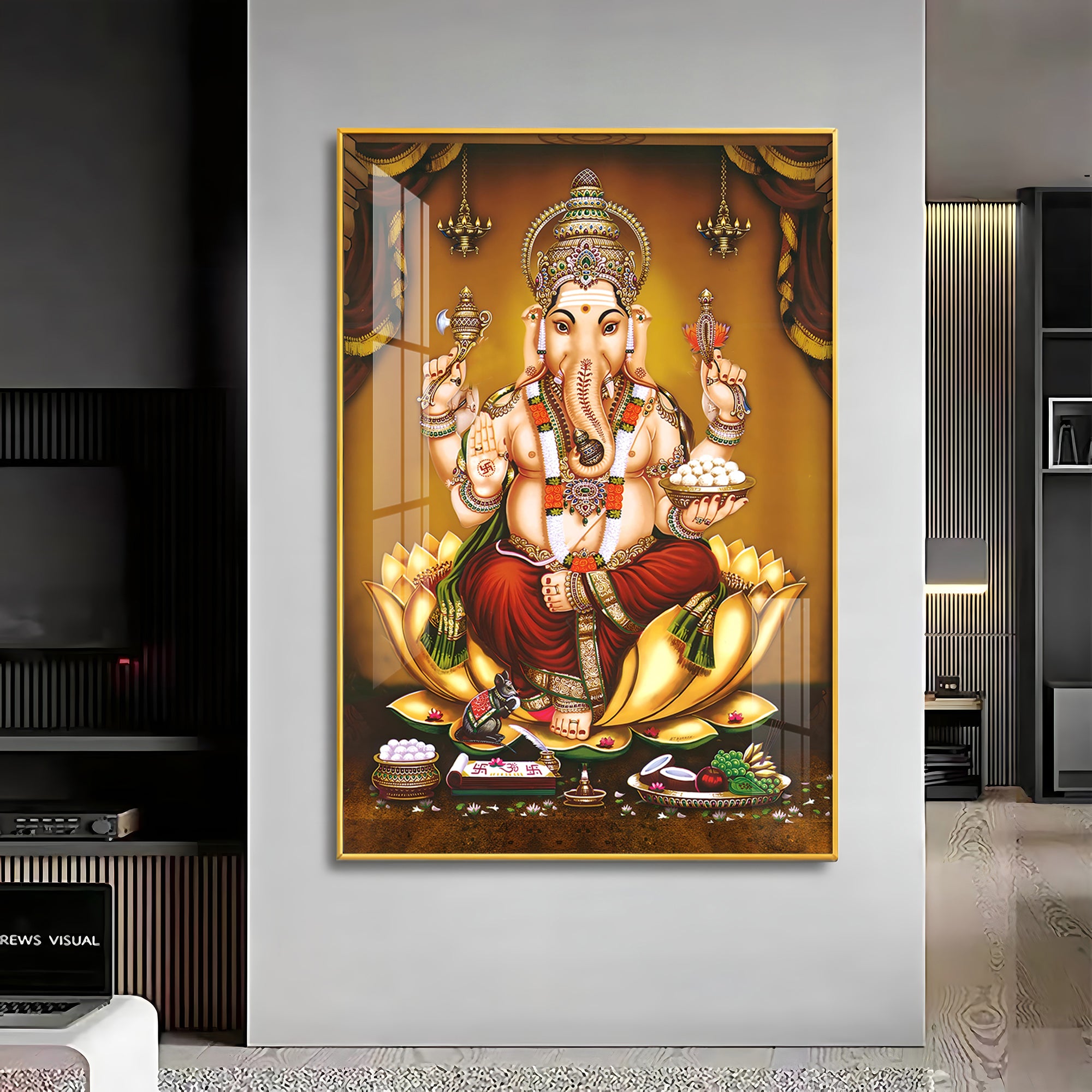 Lord Ganesha On Gold Lotus Premium Vertical Acrylic Wall Art