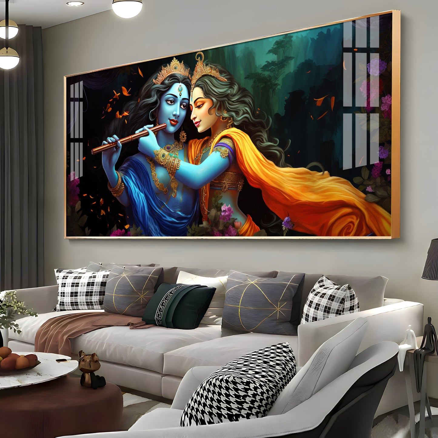 Radha Krishna Playing Bansuri Premium Acrylic Horizontal Wall Art