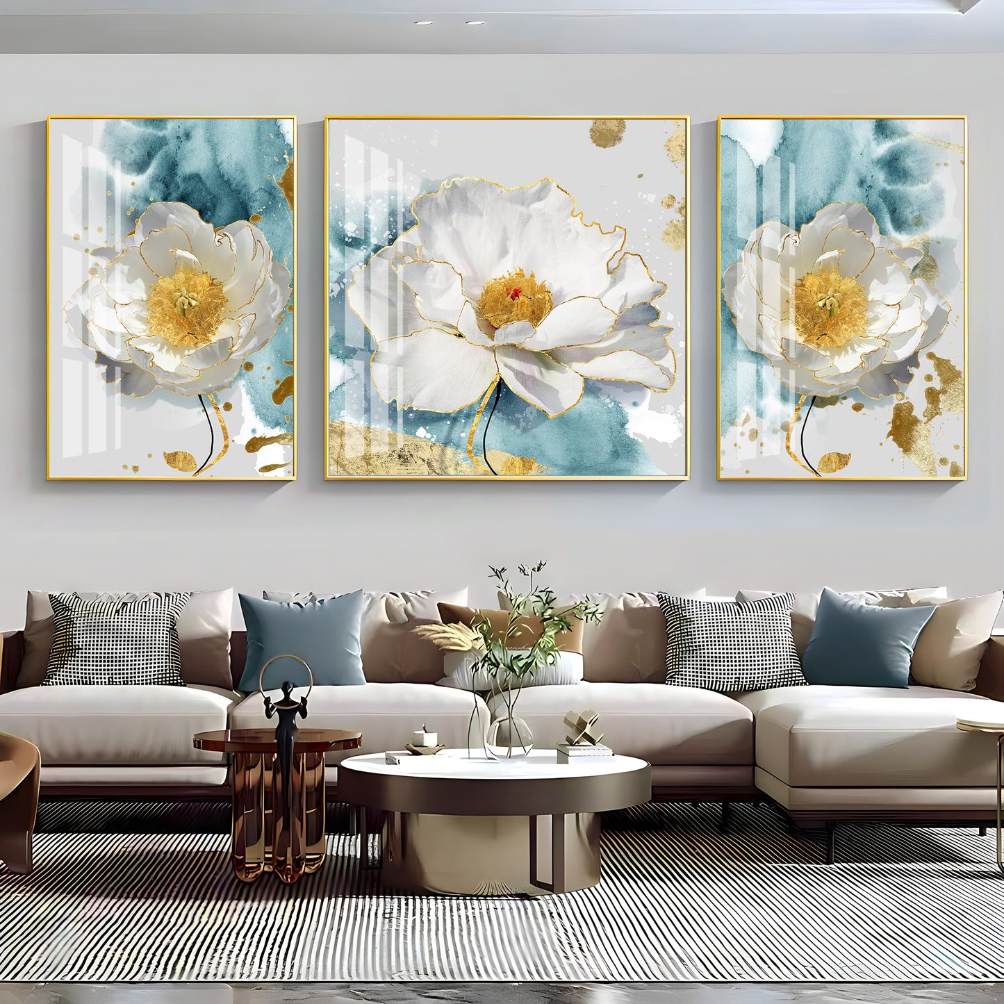 White Peony Blossom Flowers Premium Acrylic Wall Art (Set of 3)