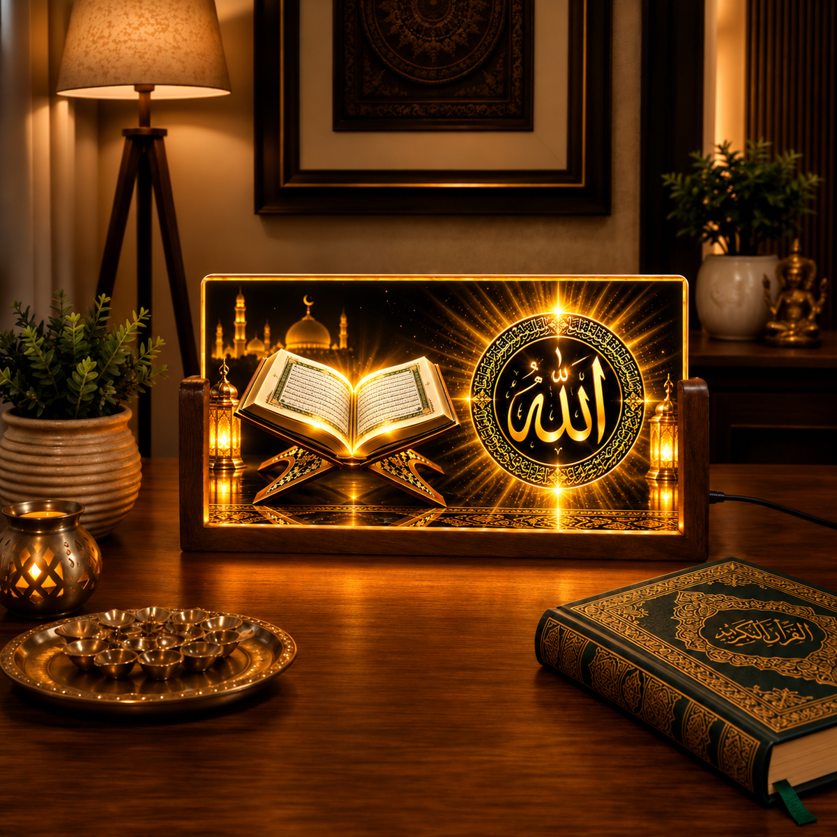 Golden Quran Sharif Acrylic LED Table Lamp - Wooden Stand