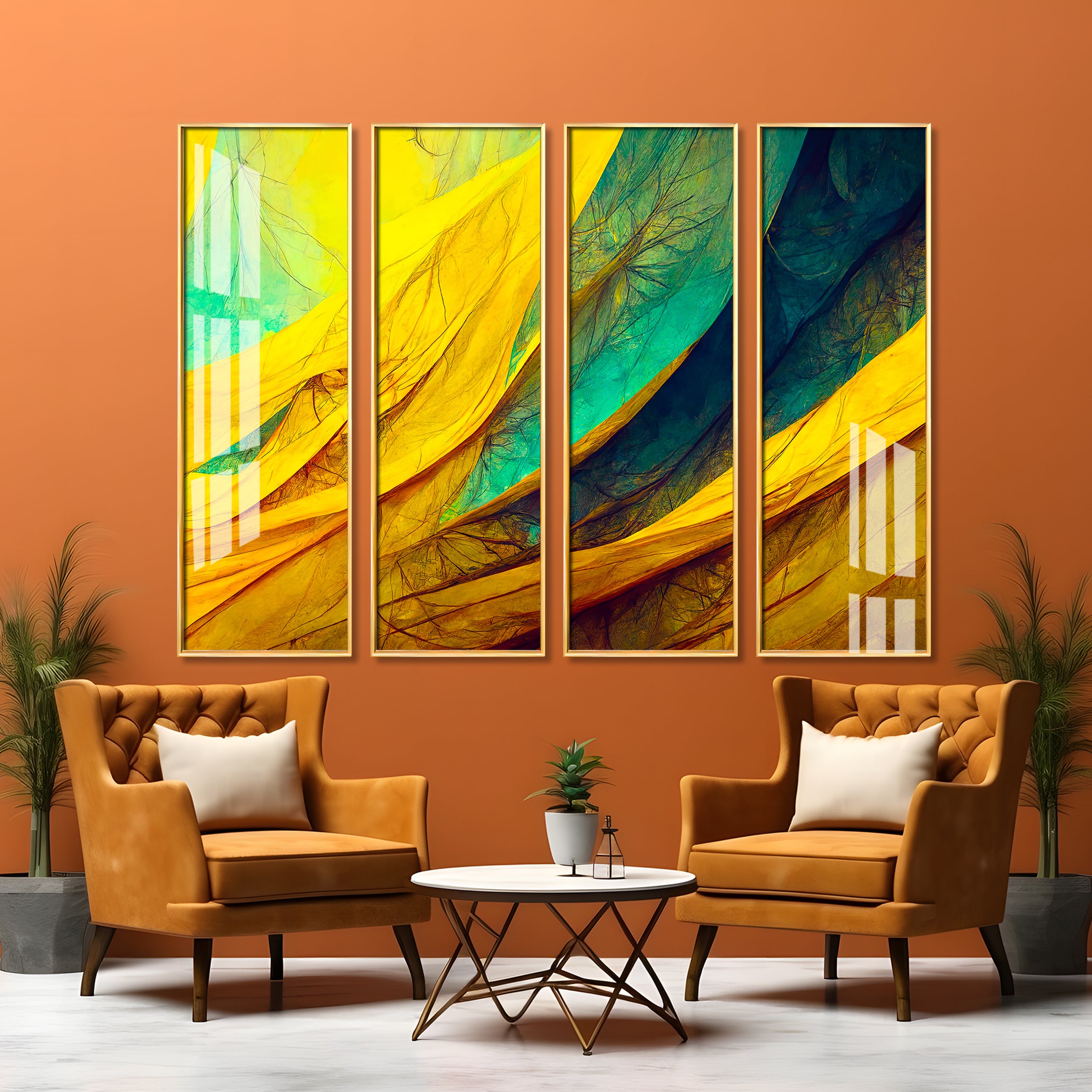 Shades of Green &Yellow Premium Acrylic Vertical Wall Art (set of 4)