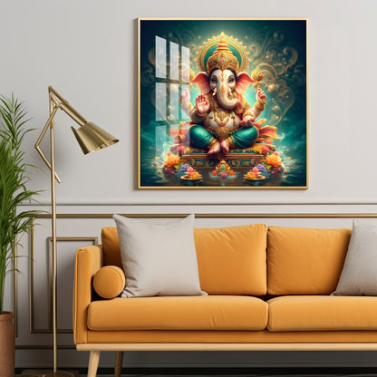 Lord Ganesh Blessings Premium Acrylic Square Wall Art