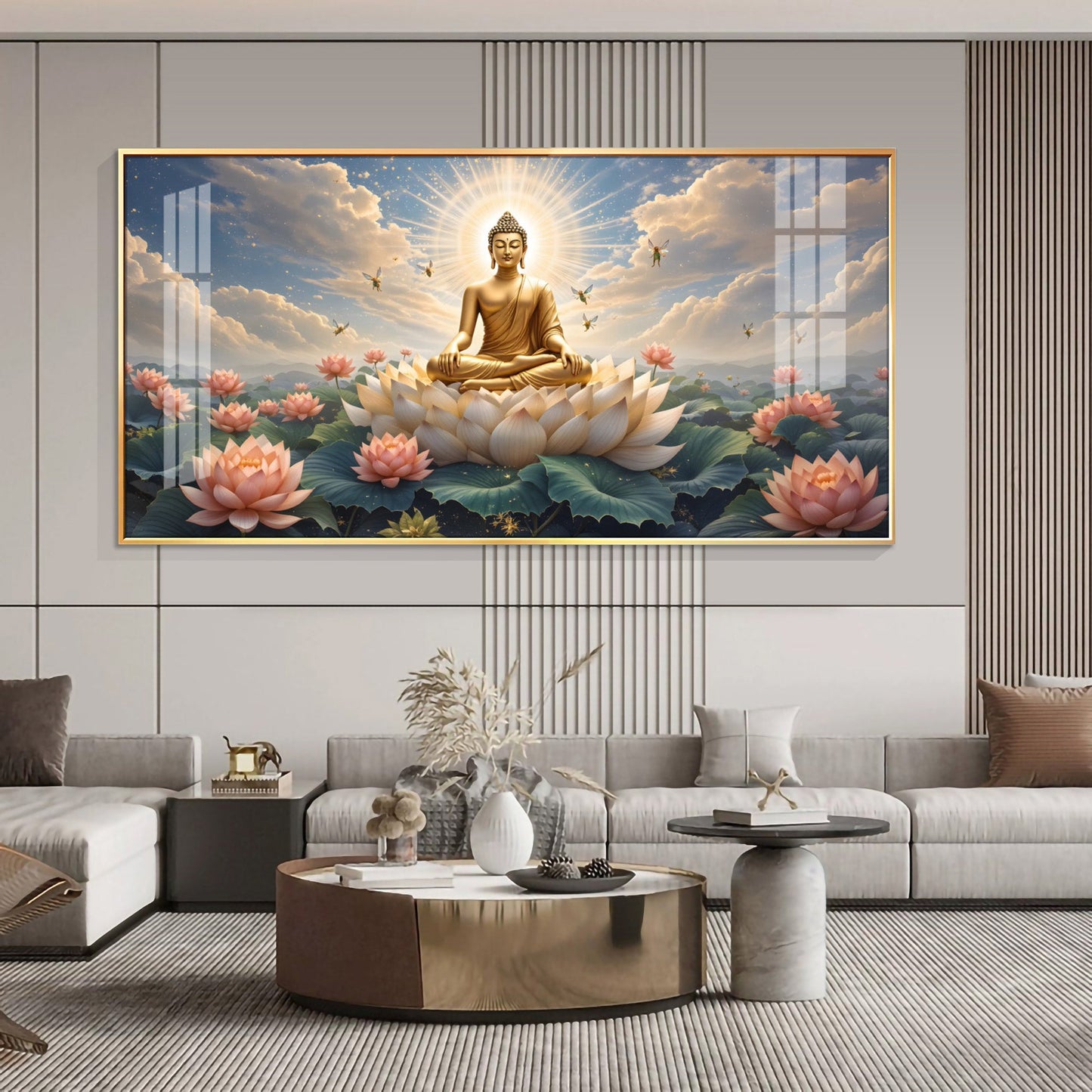 Peaceful Buddha On Lotus Premium Acrylic Horizontal Wall Art - 40X20 inches / Gold