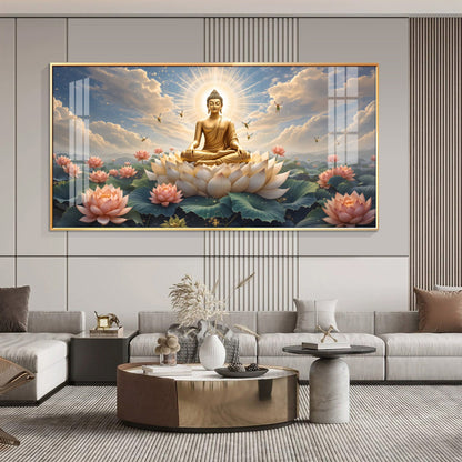 Peaceful Buddha On Lotus Premium Acrylic Horizontal Wall Art - 40X20 inches / Gold