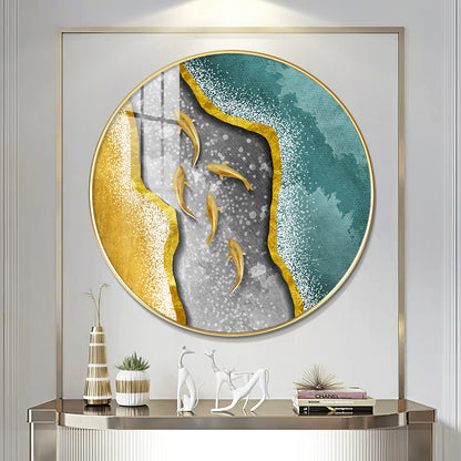 Koi Fish In Waves Premium Acrylic Round Wall Art