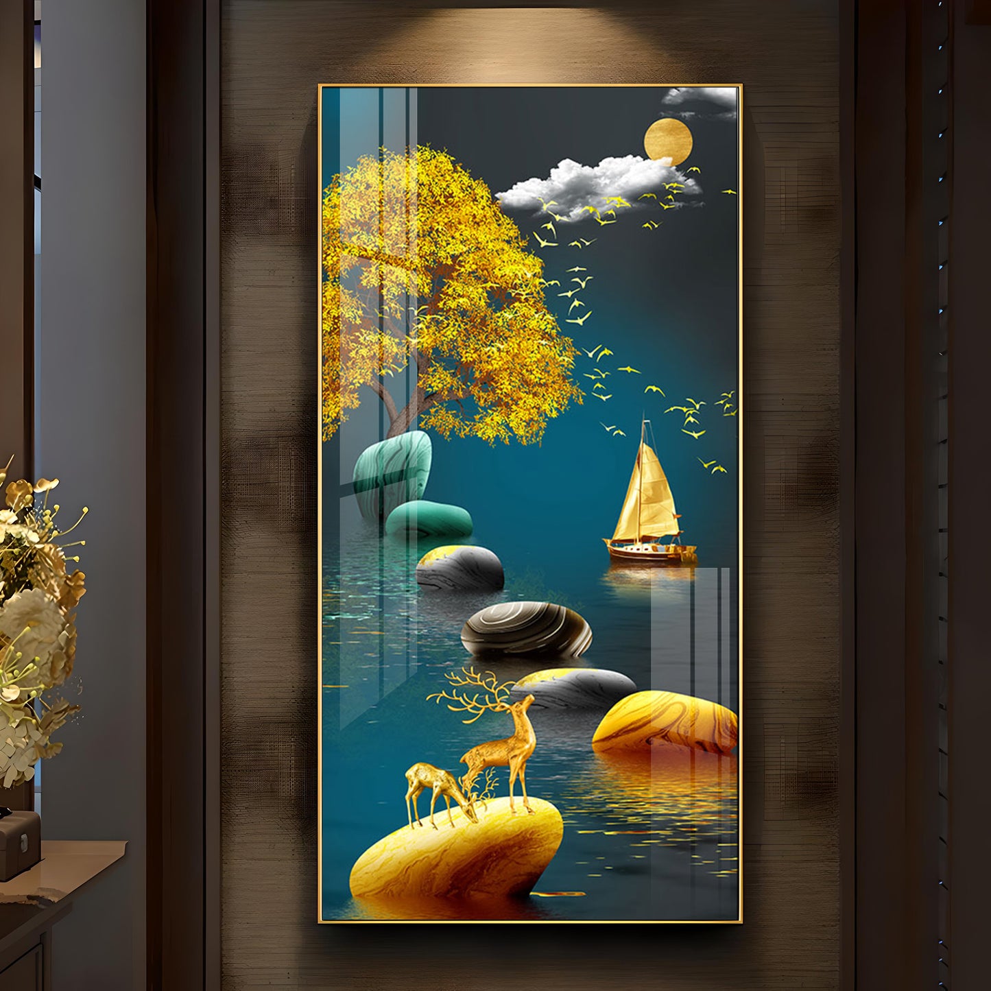 Chinese Zenstore with Golden Deer Luxury Crystal Wall Art