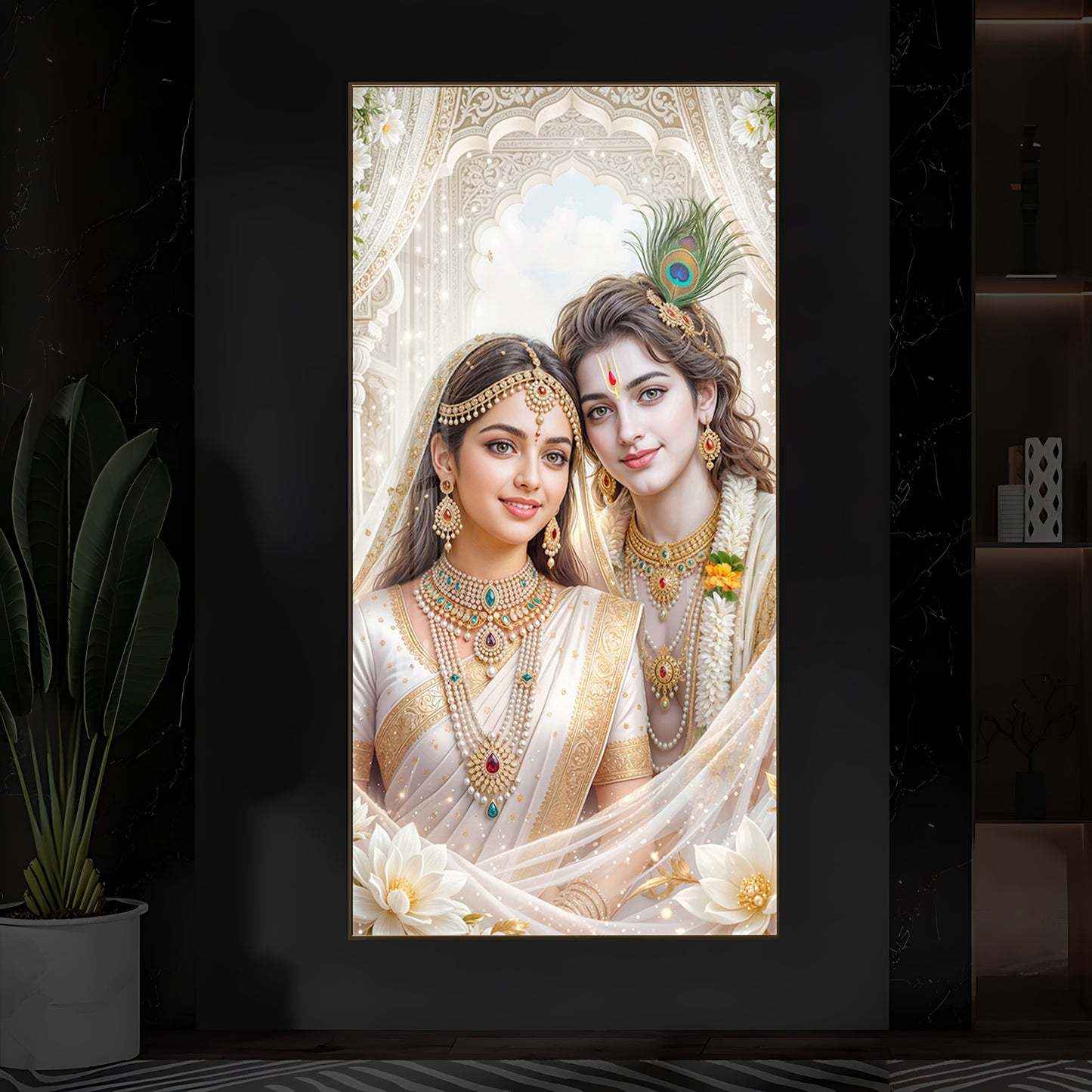 Mystical Love Of Radhe Krishn Modern Luxury Backlight Vertical Wall Art