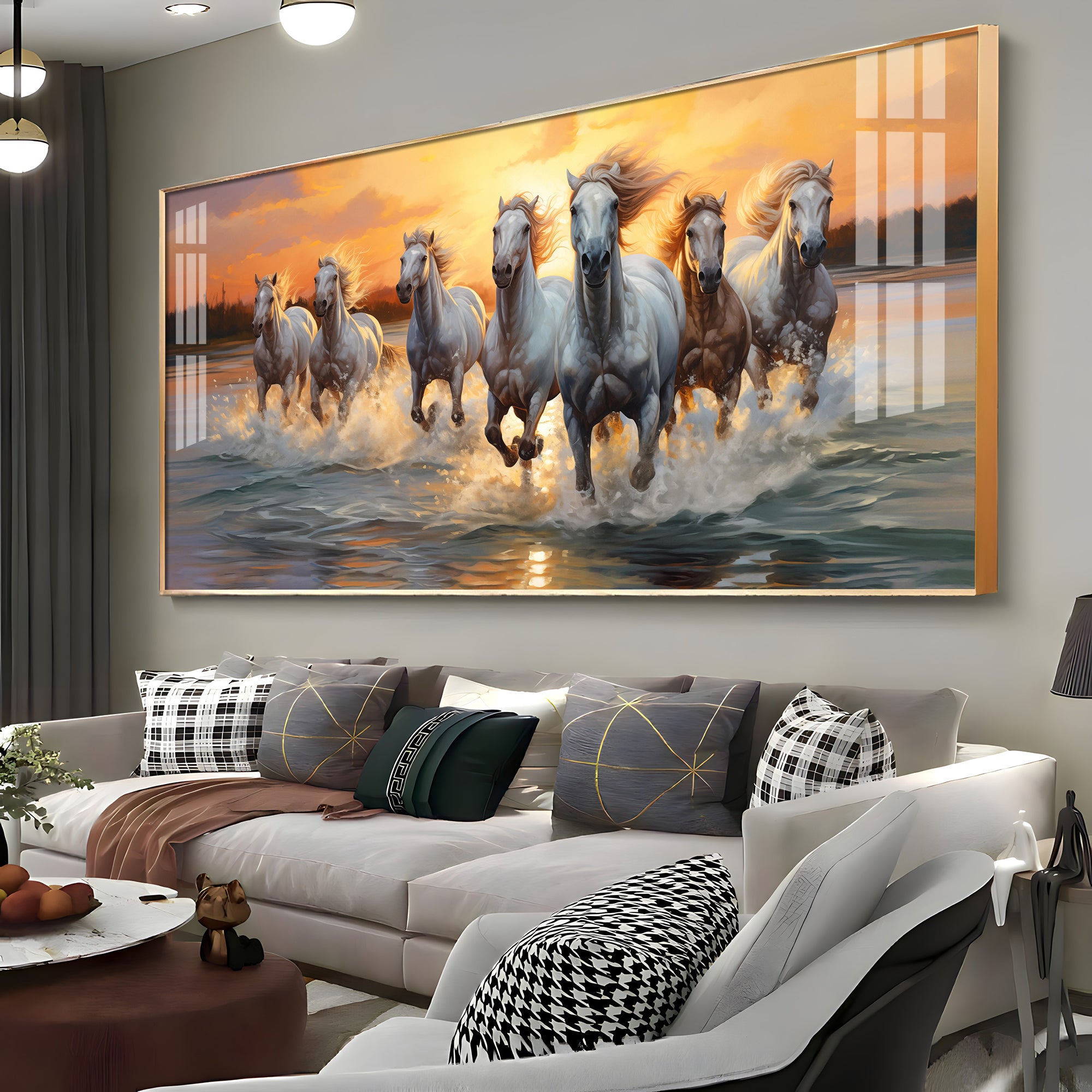 Vastu Seven Running Horses With Sunrise Premium Acrylic Horizontal Wall Art