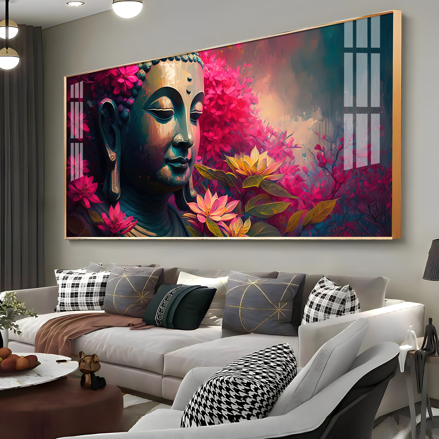 Lord Buddha Blossoms Premium Acrylic Horizontal Wall Art