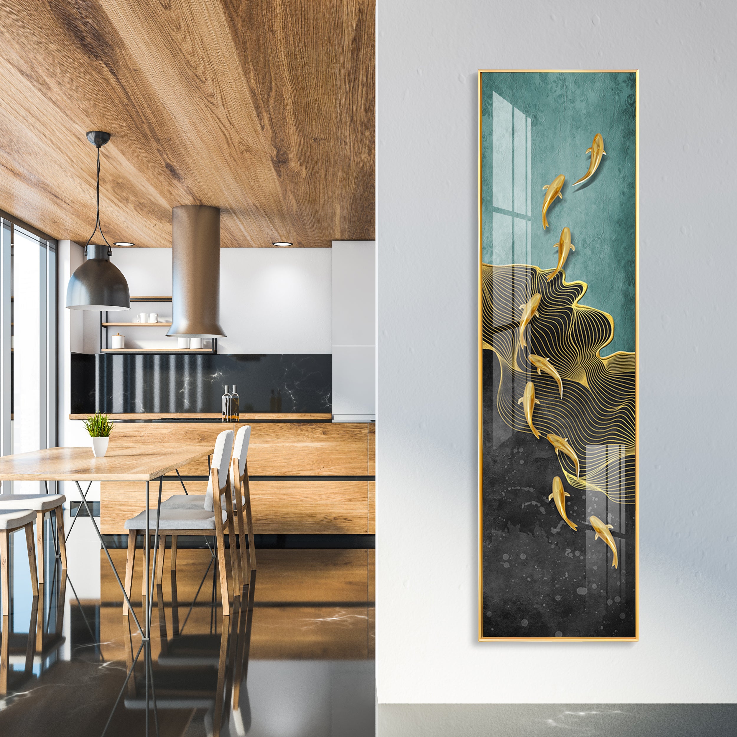 9 Golden Koi Fishes Premium Acrylic Vertical Wall Art