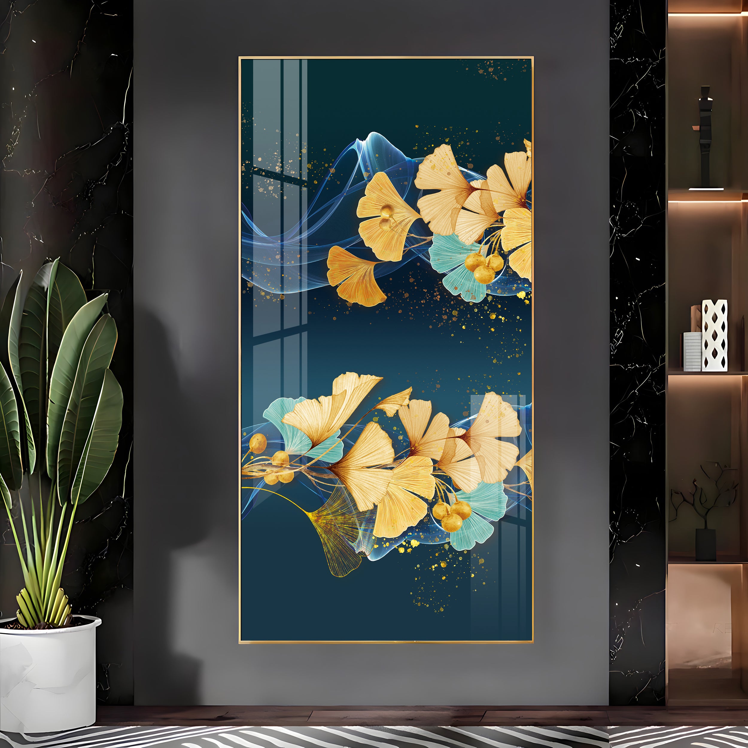 Golden Autumn Flowers Luxury Crystal Vertical Wall Art