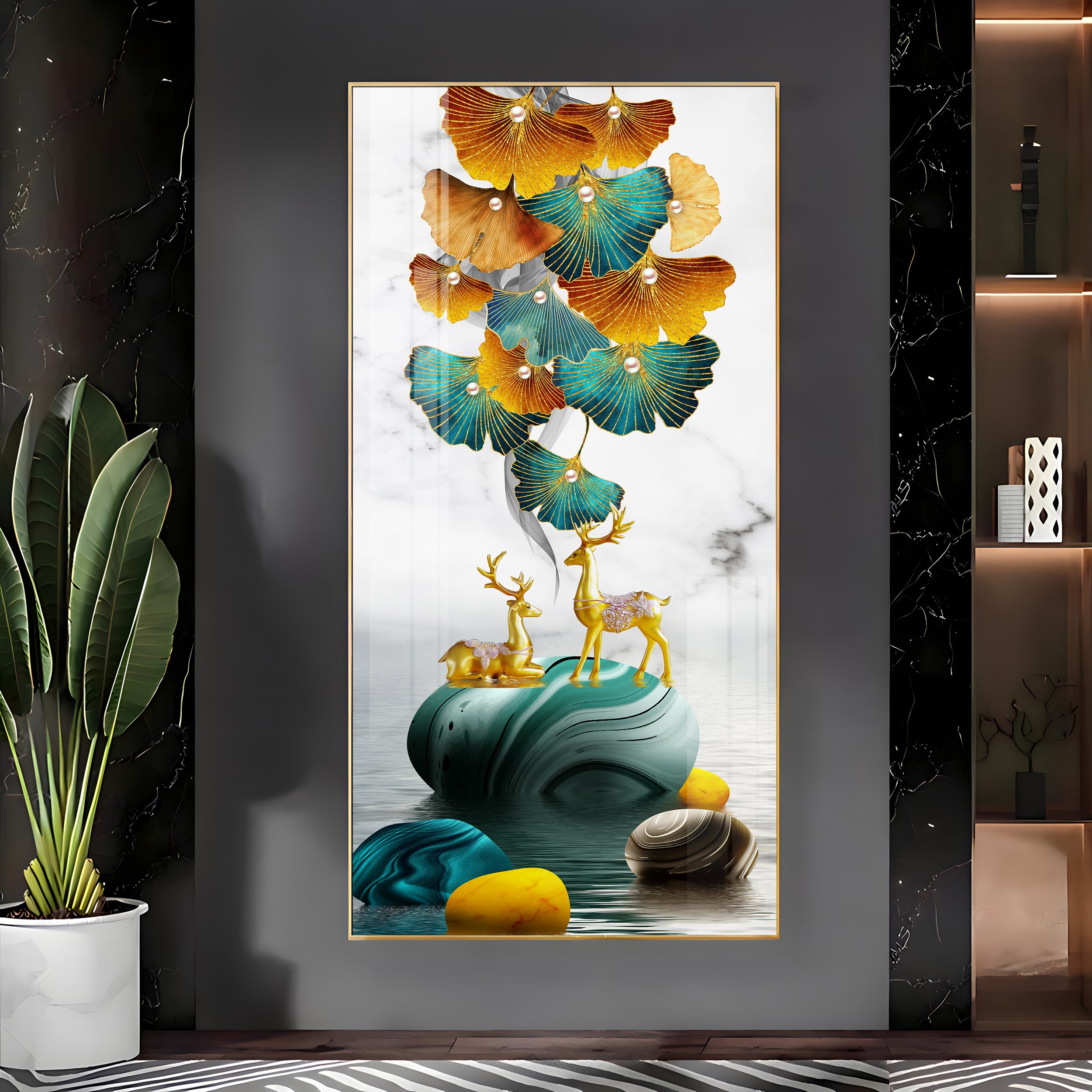 Deer With Ginkgo Leaves Premium Acrylic Vertical Wall Art