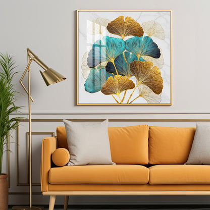 Golden Blue Ginkgo Leaf Premium Acrylic Square Wall Art