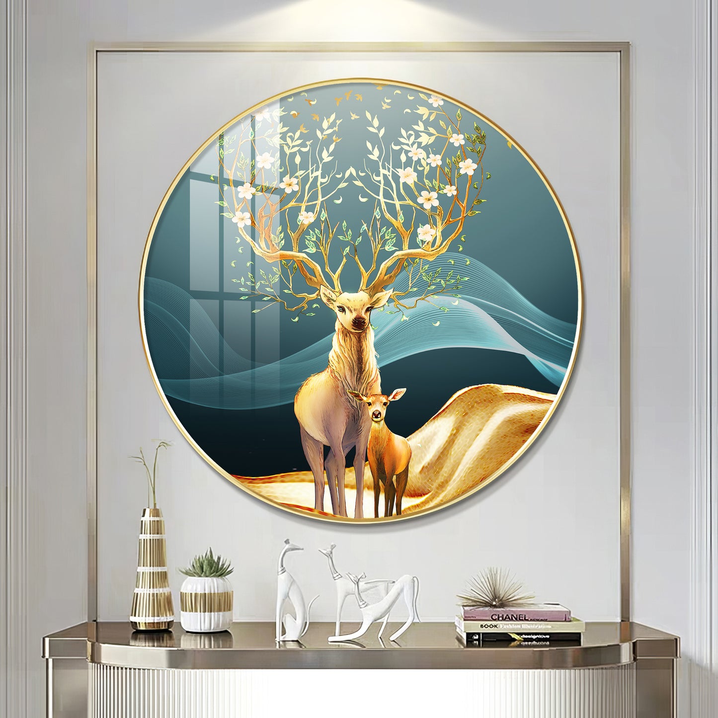 Deer in Bloom Premium Acrylic Round Wall Art
