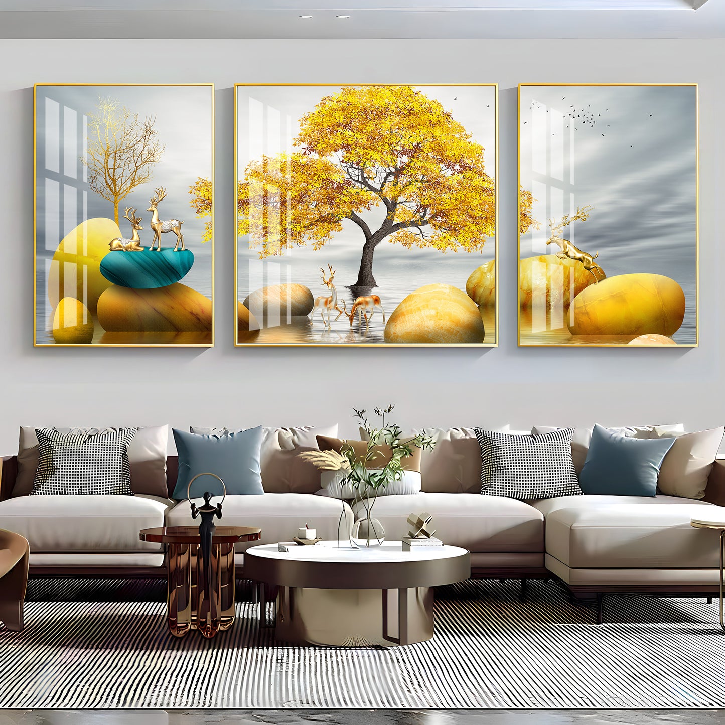 Golden Glory Premium Acrylic Wall Art (Set of 3)