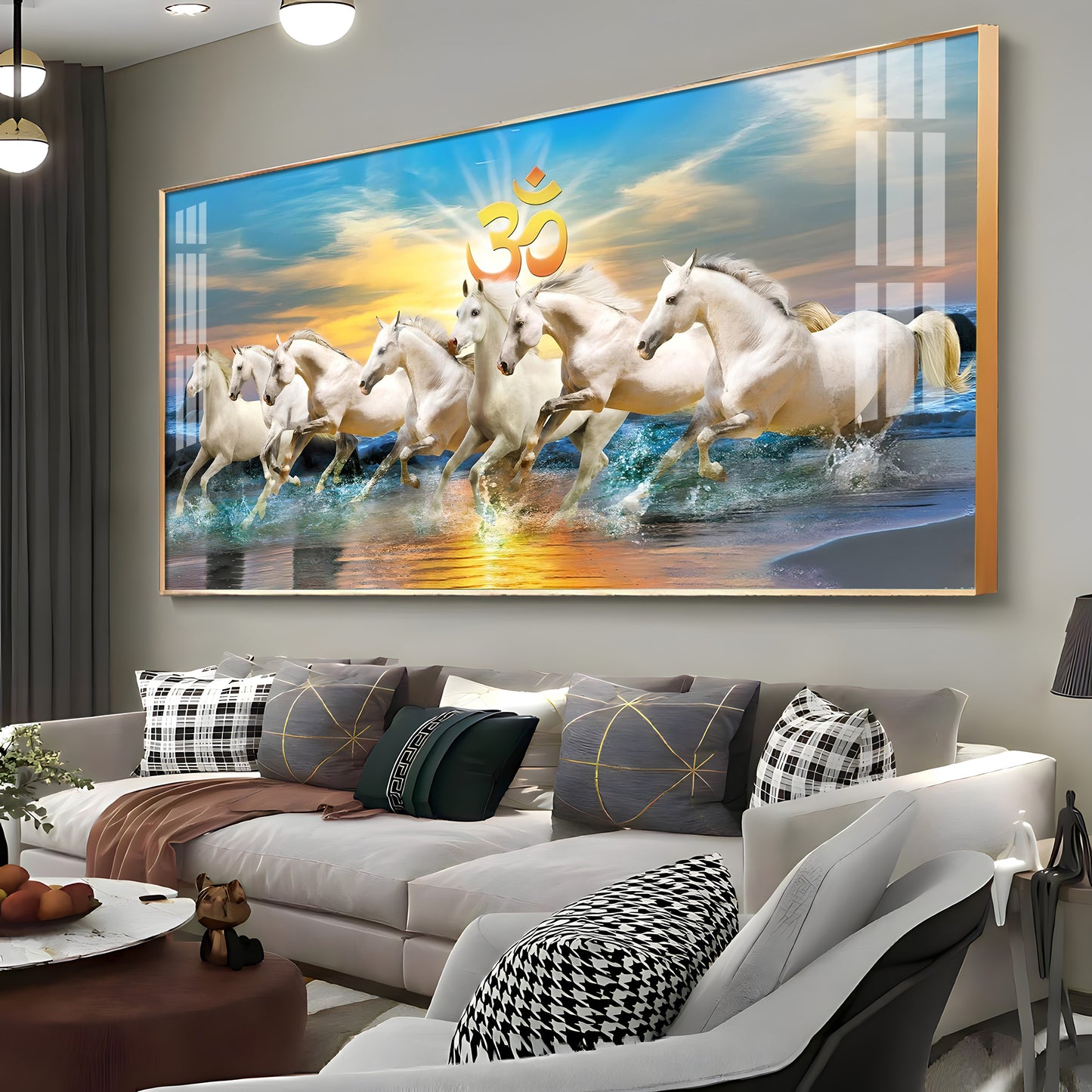 White Running Horses in Sea with Om Premium Acrylic Horizontal Wall Art