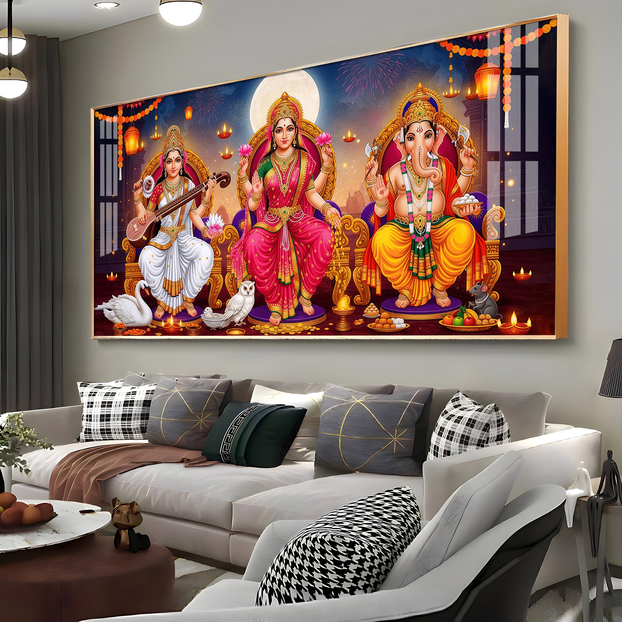 Lord Ganesha With Godess Saraswati and Maa Laxmi Premium Acrylic Horizontal Wall Art