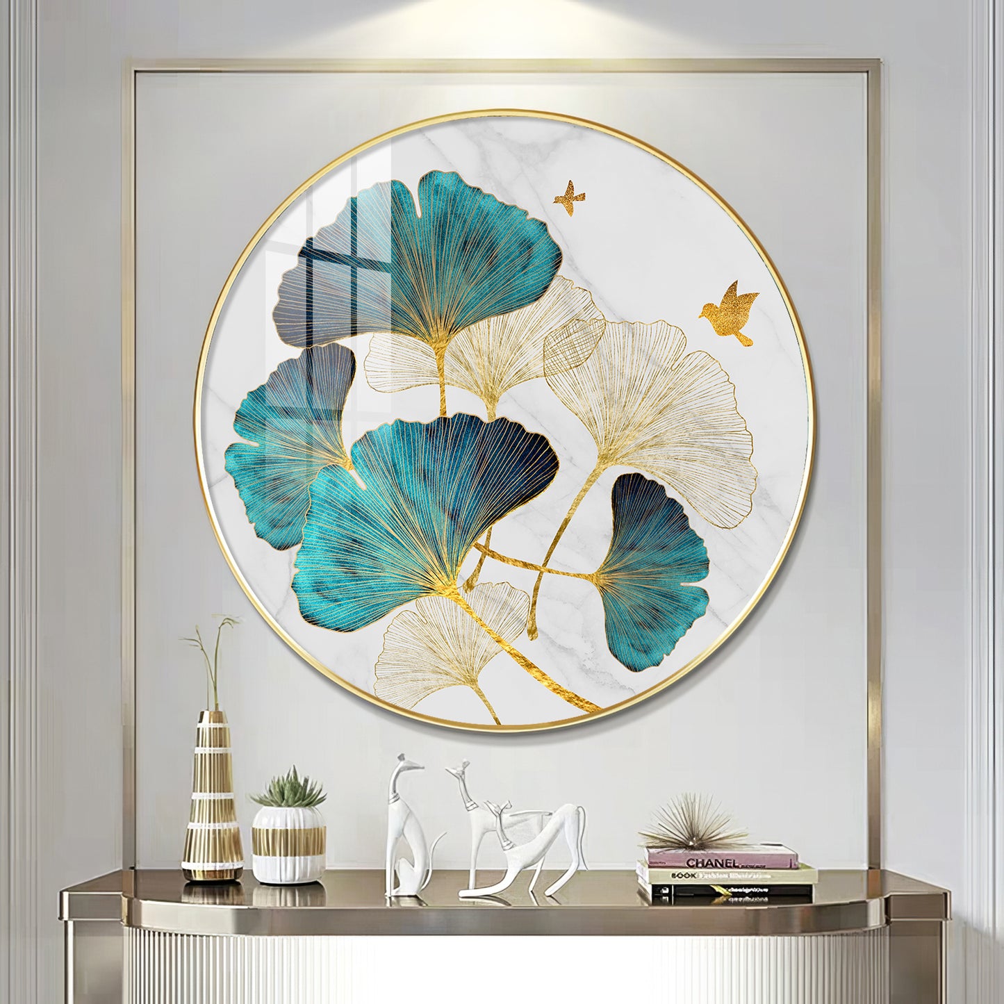Blue Leaf Premium Acrylic Round Wall Art