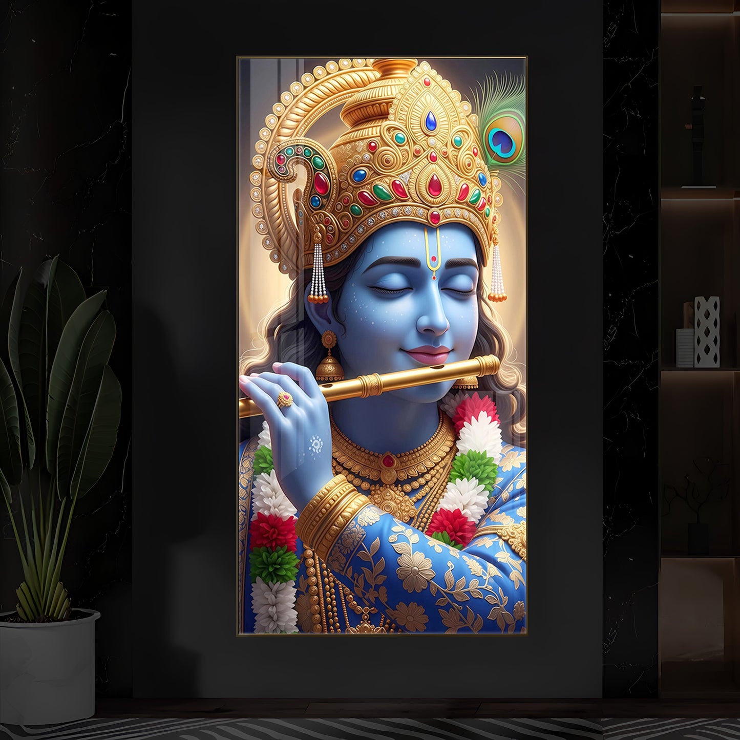 Lord Krishna Modern Luxury Backlight Vertical Wall Art