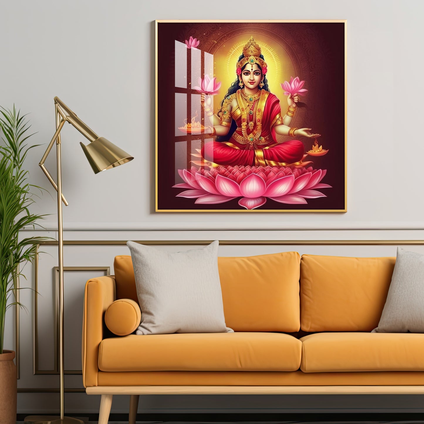 Laxmi Maa With Lotus Premium Acrylic Square Wall Art