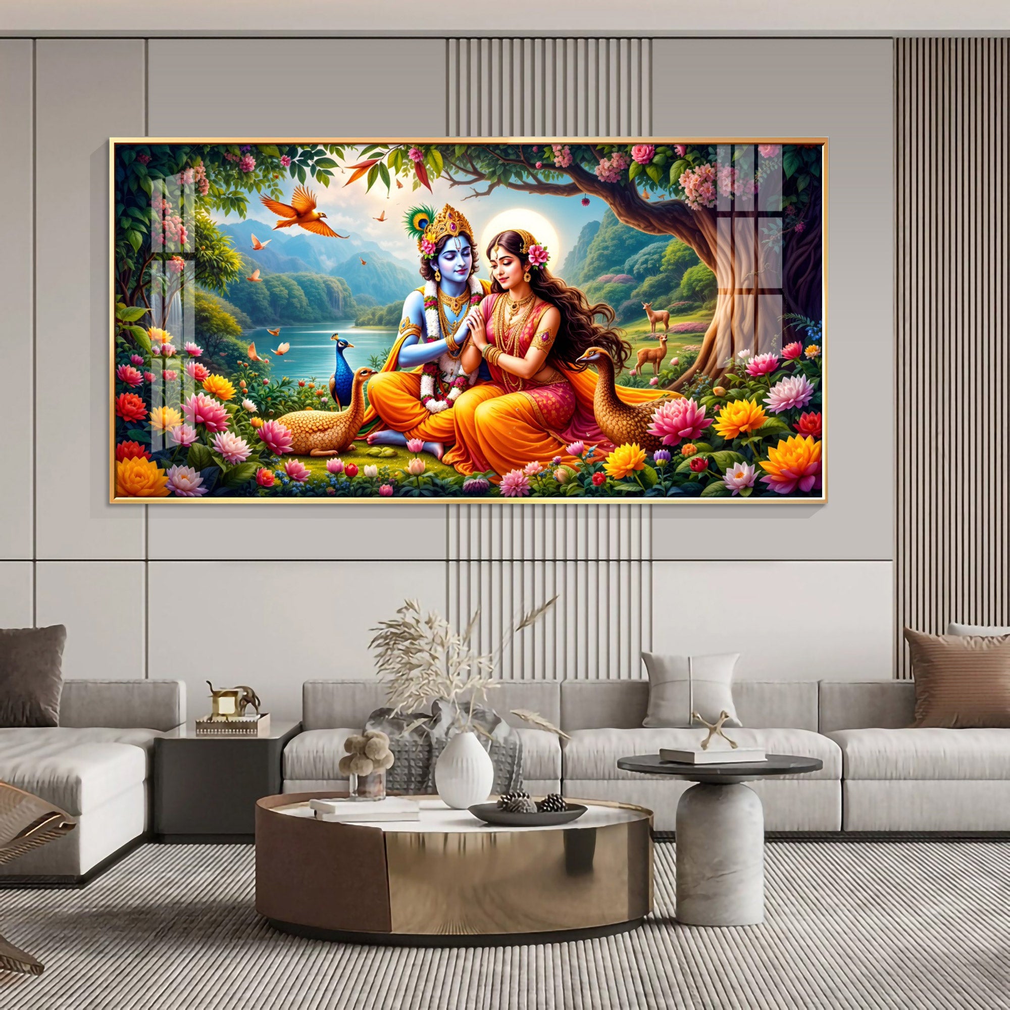 Divine Radha Krishna In Forest Premium Acrylic Horizontal Wall Art
