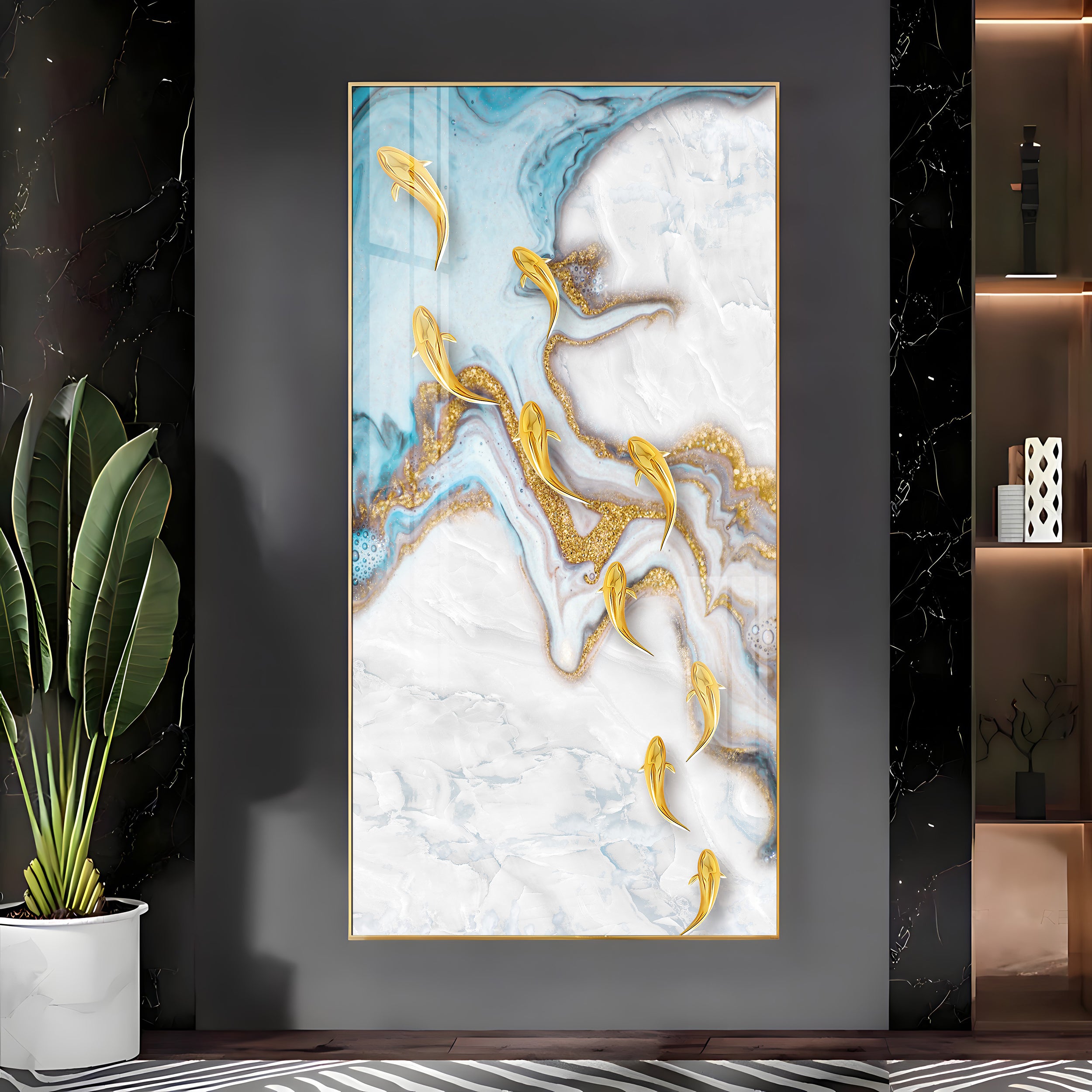 Golden Japanese Fishes Premium Acrylic Vertical Wall Art