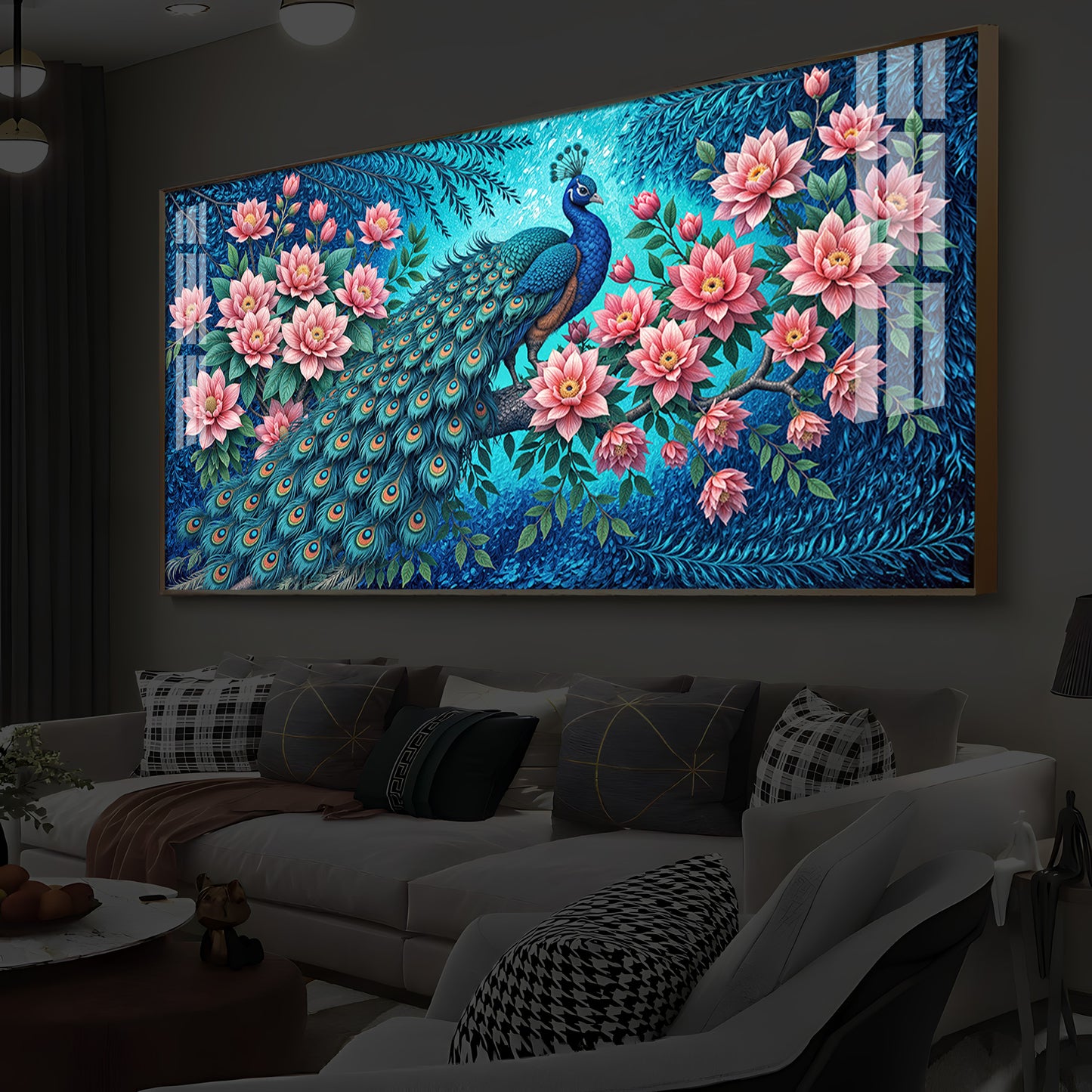 Majestic Peacock Modern Luxury Backlight Horizontal Wall Art