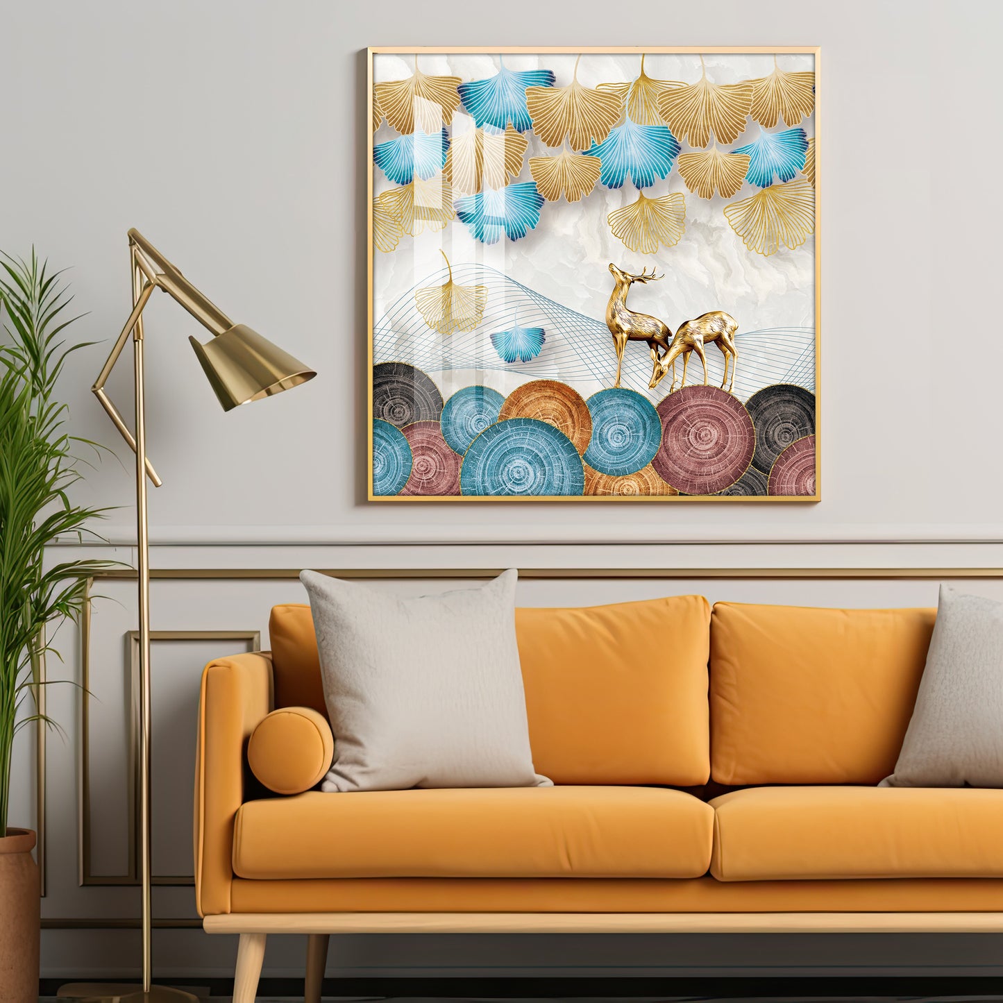 Golden Deer With Ginkgo Leaf Premium Acrylic Square Wall Art