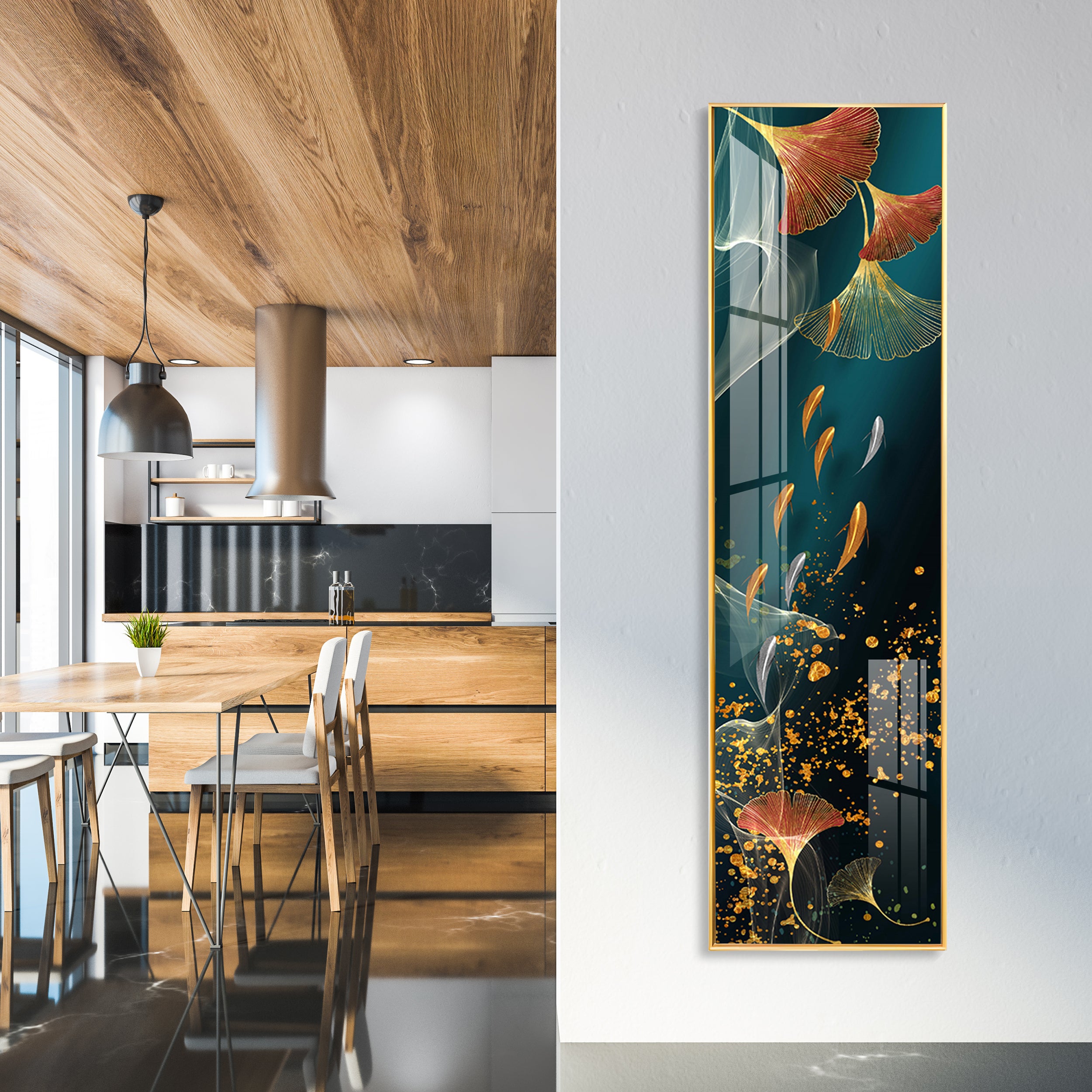 Ginkgo Biloba Leaves & Fish Premium Acrylic Vertical Wall Art