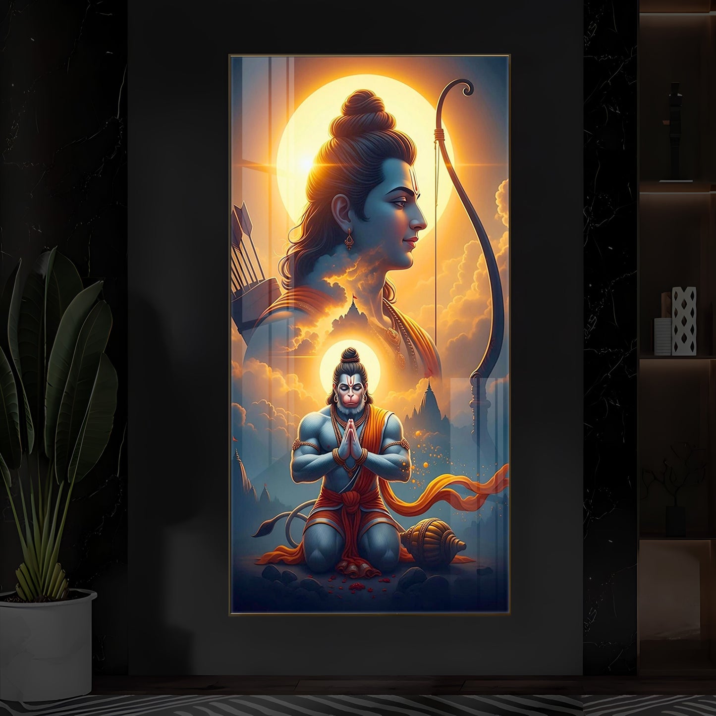 Ram and Hanuman Ji Modern Luxury Backlight Vertical Wall Art