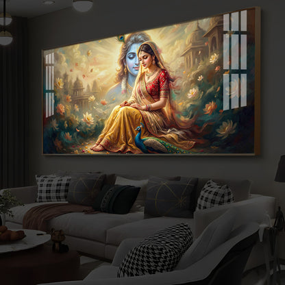 Loving Couple Radha Krishna Modern Luxury Backlight Horizontal Wall Art